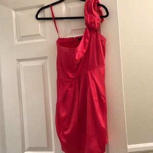 Hot pink BCBG one shoulder ruffle dress.